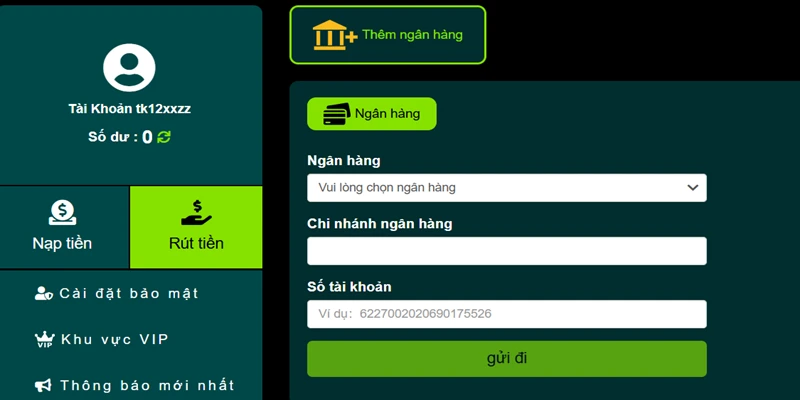 thêm tài khoản ngân hàng rút tiền 69VN